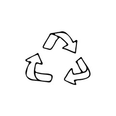 Doodle recycling icon in vector on white background. Hand drawn recycling icon