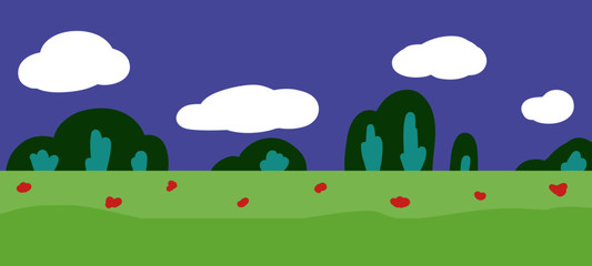 illustration simple green field game stage with fresh blue sky background in banner size