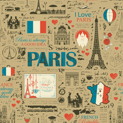 Vector abstract seamless pattern on the theme of France and Paris with drawings, inscriptions, architectural landmarks, map and flag of the French Republic on a background of beige retro magazine page