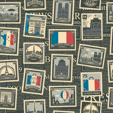 Vector seamless pattern with postage stamps on the France and Paris theme in retro style. French landmarks, map and flag on the background of black magazine page. Wallpaper, wrapping paper, fabric