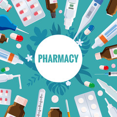 Pharmacy template frame with blister, tubes, spray, syringe, thermometer, pippete, jars pills drugs medical bottles