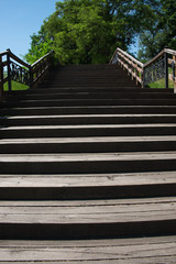 Old wooden staircase in the city park of Chernigov. Way up.