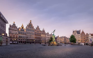 Poster Antwerp, Belgium - 15 May 2020: Main town square of Antwerp after sunset. © Erik_AJV