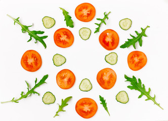 tomato, cucumber, bell pepper, arugula leaves on white background