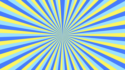 Abstract starburst background with blue, yellow rays. Banner vector illustration.