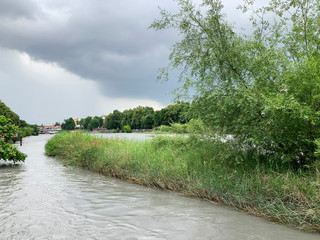 Vladikavkaz. Terek river in cloudy summer day. Republic of North Ossetia-Alania
