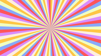 Abstract starburst background with yellow, purple, red, orange rays. Banner vector illustration.