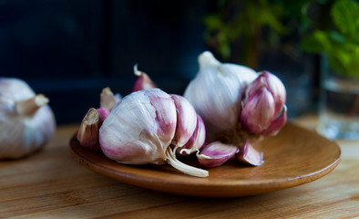 Fresh garlic - deep purple cloves of spicy head, French cuisine.