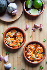 Garlic prawns -  roasted garlic king prawns in traditional Spanish cuisine recipe - with garlic, chili and parsley.