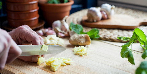 Cooking at home -  delicious Asian marinate for meants and seafood -  ginger, garlic, mint, parsley and crushed chilies.