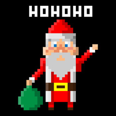 Obraz premium Santa claus greet and carrying a gift bag at christmas night in pixel art style cartoon vector