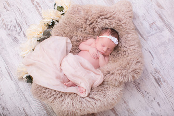Beatiful newborn girl in floral headband, lying in sleeping basket with flowers on blanket