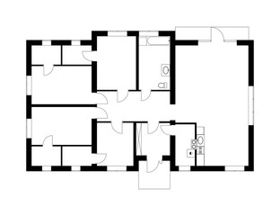 Black and White floor plan of a modern unfurnished apartment for your design. Vector blueprint suburban house.  Architectural project.