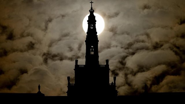 Fatima Religious Complex by Night with Full Moon and Dark Atmosphere, Portugal