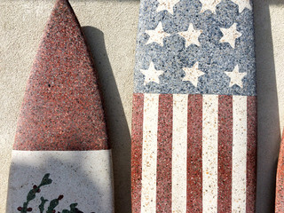 Surfboards with American and Mexico flag at beach sunny day sport background