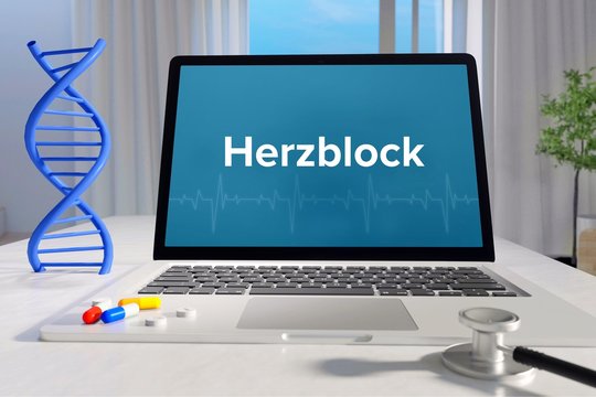 Herzblock. Laptop mit Begriff/Text auf Monitor. Computer von Arzt. DNA und Stethoskop. Medizin, Gesundheitswesen