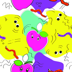 Seamless pattern. Abstract vector illustration. Cartoon apples, worms, eyes in bright pink, yellow, purple colors.