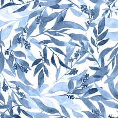 Watercolor foliage in navy blue. Seamless floral pattern - 350296543