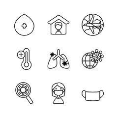 mouth mask, virus and medicine icon set, line style