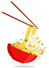 Noodles stuffed in a bowl and chopsticks fly on a white