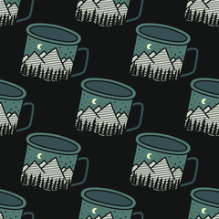 Fototapeta premium Vintage Hand drawn camping mug seamless pattern with adventure forest. Unusual Stock vector adventure background