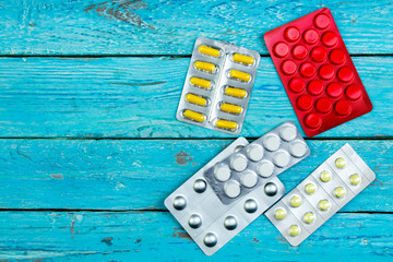 pharmaceuticals pills, tablet and capsules medicine on white background. Copy space for text.