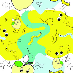 Seamless pattern. Abstract vector illustration. Cartoon apples, worms, eyes in bright blue and yellow colors.