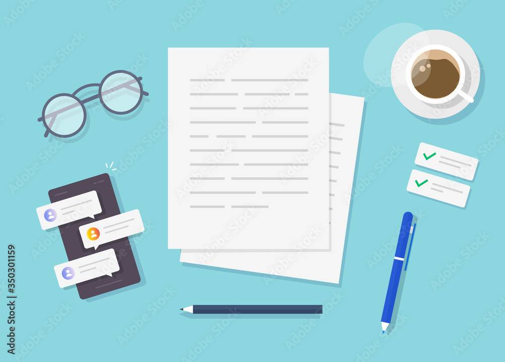 Poster writing text content vector on writer work desk table top view or creating essay document or book on