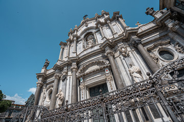Catania, view of the facade of the baroque building of the Saint Agatha Cathedral landmark. Dome square.