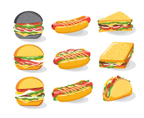 Burger sandwich bread bun icons set, Fast food menu. Hamburger, cheeseburger, beefburger. Vector illustration