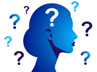 Silhouette of a woman with a question mark. The concept of a difficult decision, many questions, lack of knowledge, problems and misunderstandings. Vector illustration.