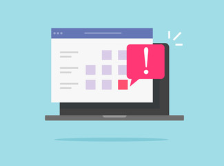 Online web calendar page with important date or internet schedule deadline agenda reminder notification on laptop computer vector flat cartoon, illustration of modern pc organizer app icon image