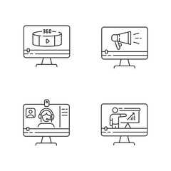 Internet video pixel perfect linear icons set. Web conference. 360 degree view footage. Customizable thin line contour symbols. Isolated vector outline illustrations. Editable stroke