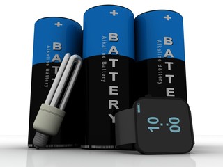 3d rendering Electrical energy and power supply source concept, accumulator battery with smart watch near cfl bulb