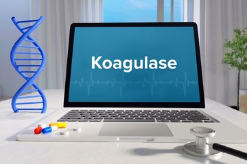 Koagulase. Laptop mit Begriff/Text auf Monitor. Computer von Arzt. DNA und Stethoskop. Medizin, Gesundheitswesen