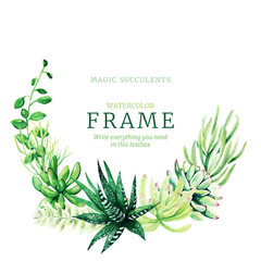 Watercolor wreath frame composed of bright full color succulents