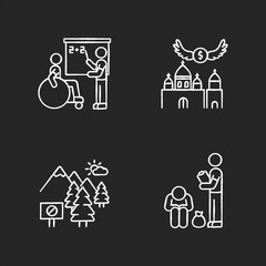 Social service chalk white icons set on black background. Inclusive education. Donation to christian church. National park. Homeless help. Preserve nature. Isolated vector chalkboard illustrations