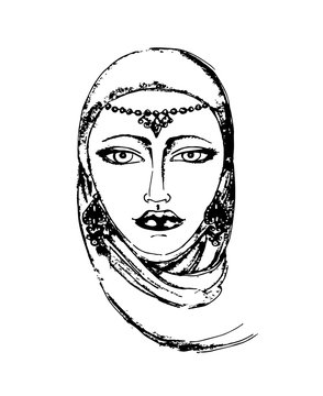 
portrait of an east girl. black and white vector image or logo.