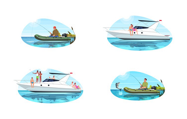 Speed boats for recreation semi flat vector illustration set. Man fishing with rod. Family on boat trip. Couple on date on private sailboat. Vacation 2D cartoon characters for commercial use