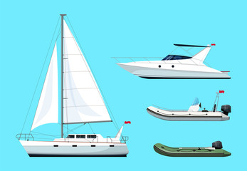 Boat types semi flat RGB color vector illustrations set. Regatta for recreation. Private speedboat. Sailboat for voyage. Boat with engine. Ship isolated cartoon items on turquoise background