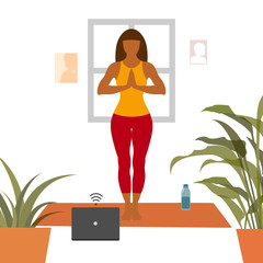 Female cartoon character practicing Hatha yoga. Woman doing workout indoor. Sport exercise at home. Yoga and fitness, healthy lifestyle. Flat vector illustration. Yogi woman in Pranamasana 