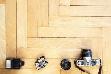 Old School photography equipment on wooden floor