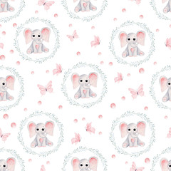 Watercolor elephant baby girl animal, butterfly and greenery clipart. Nursery art illustration in trendy style.