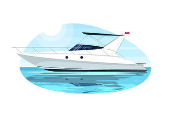 Luxury speedboat semi flat vector illustration. Fast boat for cruise. Private yacht for summer recreation. Maritime vessel. Ocean transport. Premium sailboat 2D cartoon object for commercial use
