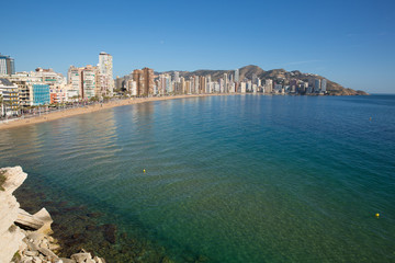 Fototapeta premium Benidorm Spain tourist town on Costa Blanca with blue sea and view of Levante beach