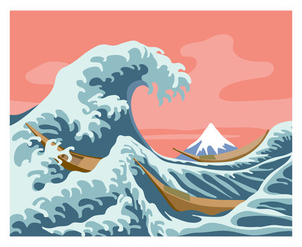 Great wave, a stylized masterpiece by Japanese artist Hokusai, seascape with mount Fuji & boats, color vector illustration in cartoon, flat & hand drawn style