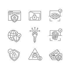 Security system pixel perfect linear icons set. Personal information and online banking protection. Customizable thin line contour symbols. Isolated vector outline illustrations. Editable stroke
