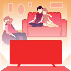 familiy or roommates watching the news at home. Room interior, glowing screen. Self isolation concept. Vector illustration