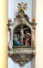 Cathedral in Fulda, Germany. Fulda Cathedral is the former abbey church of Fulda Abbey and the burial place of Saint Boniface. Text: Jesus stirbt am Kreuz -engl. Jesus dies on the cross-