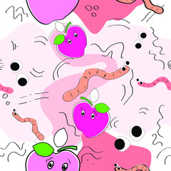 Seamless pattern. Abstract vector illustration on a pastel pink background. Cartoon apples, worms, eyes in pink, orange, green colors.